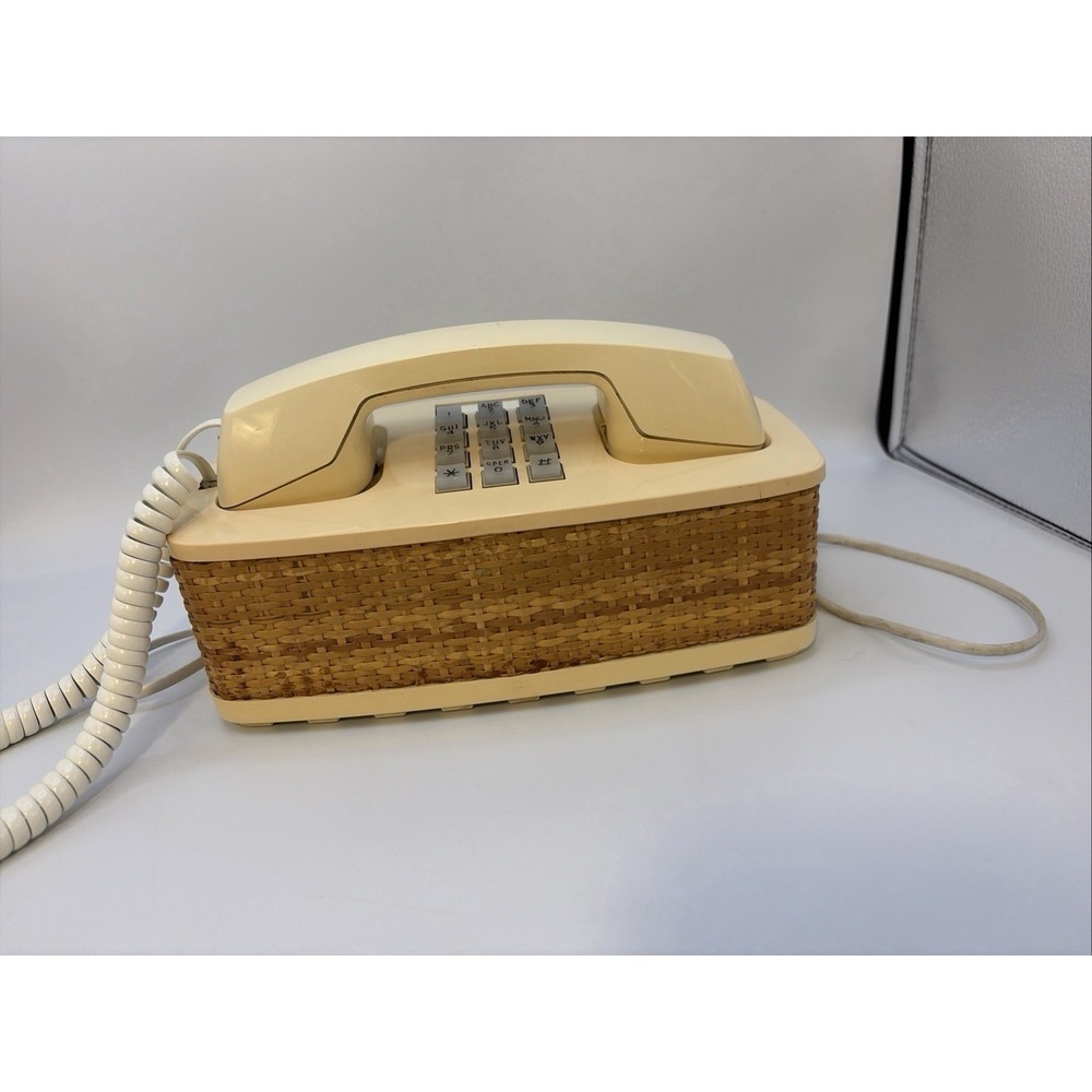 Mid Century Woven Rattan Wicker Coastal CottageDecorative Boho Push Button Phone
